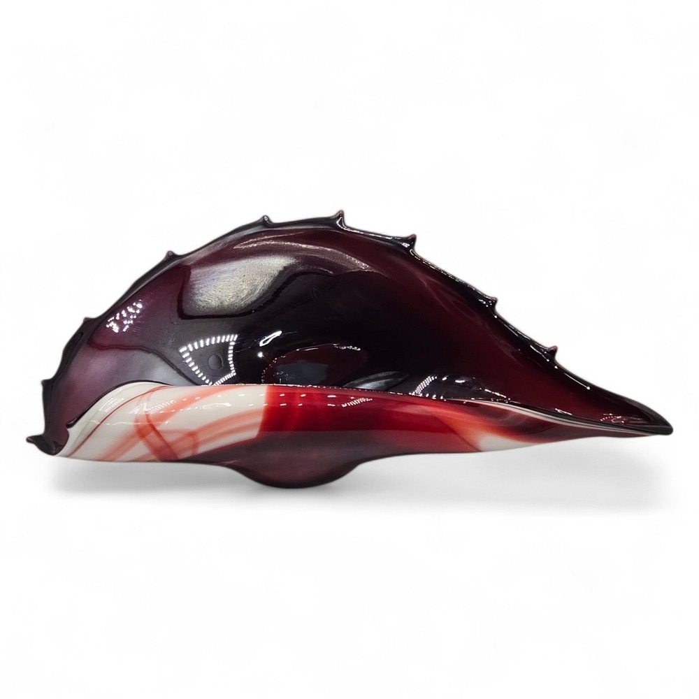 Polish Art Glass Conch Shell Bowl 17" Red White Black‎ Sculptural Centerpiece